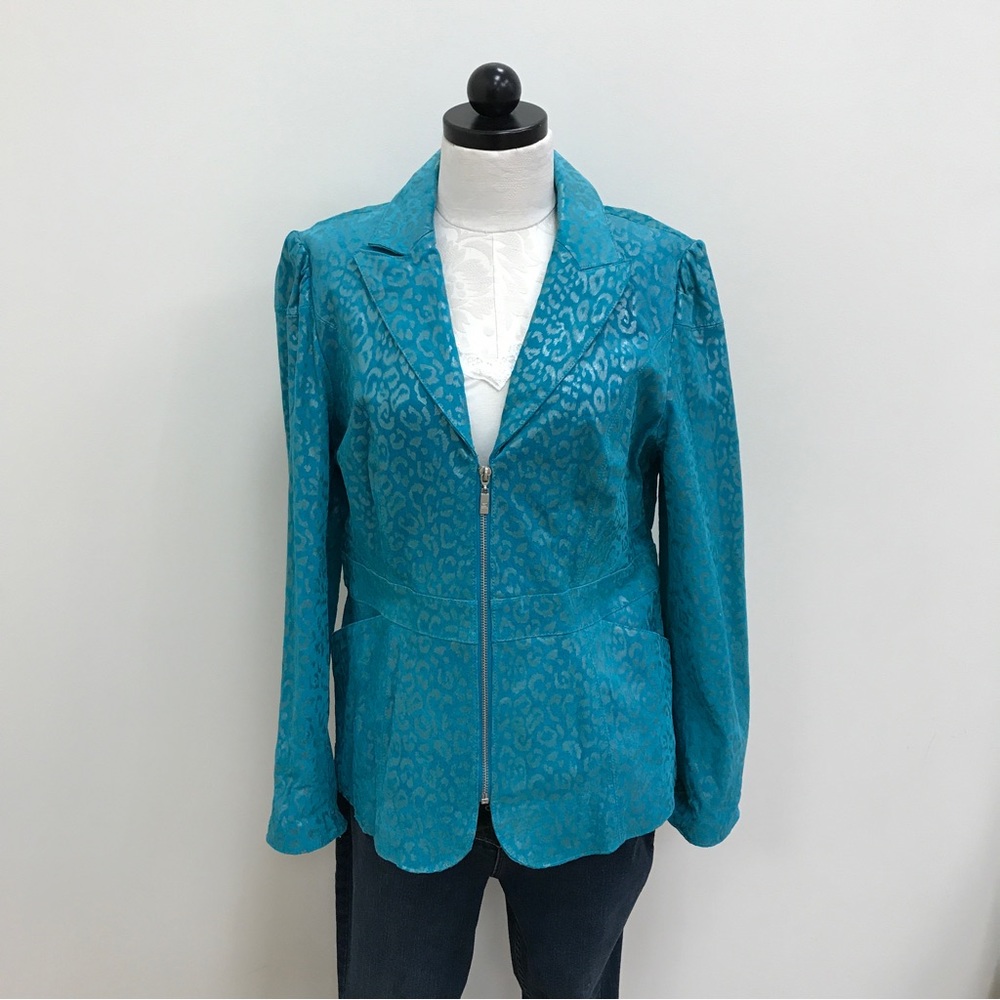 Pamela McCoy Blue Leopard Leather Jacket Medium